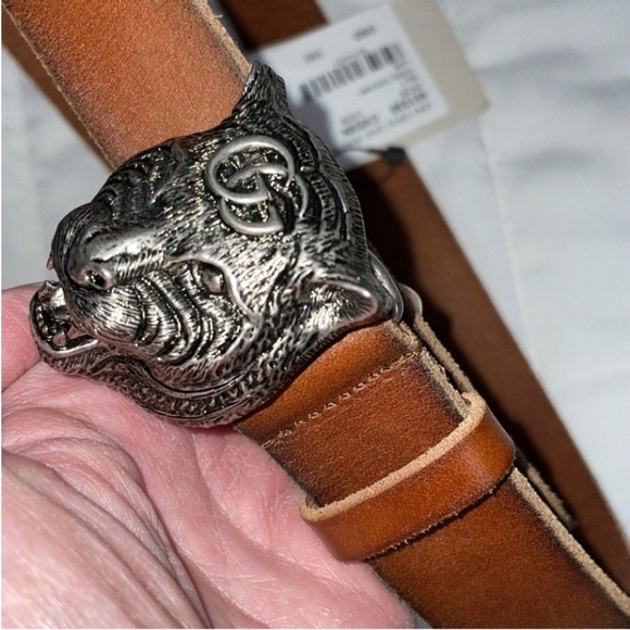 Gucci Other - New Gucci Brown Leather Belt with silver Tiger Head Buckle